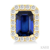 6x4 MM Octagonal Shape Sapphire and 1/4 Ctw Round Cut Diamond Halo Precious Stud Earrings in 14K Yellow Gold